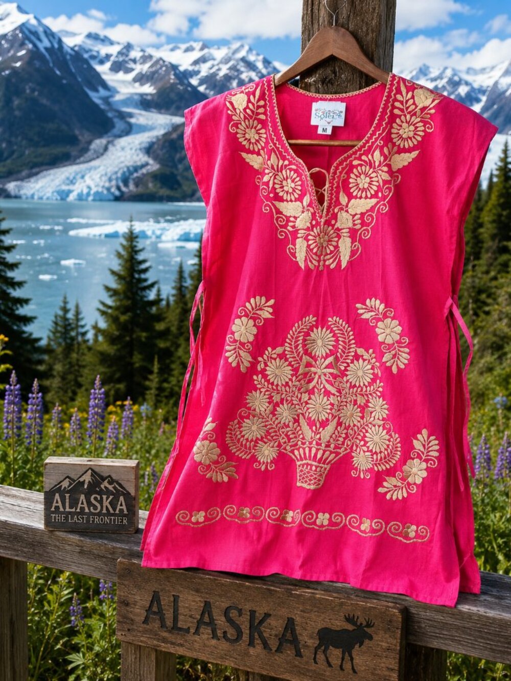 Solei Boutique Artesanal Embroidered Pink Tunic Dress Medium Boho Mexican Style